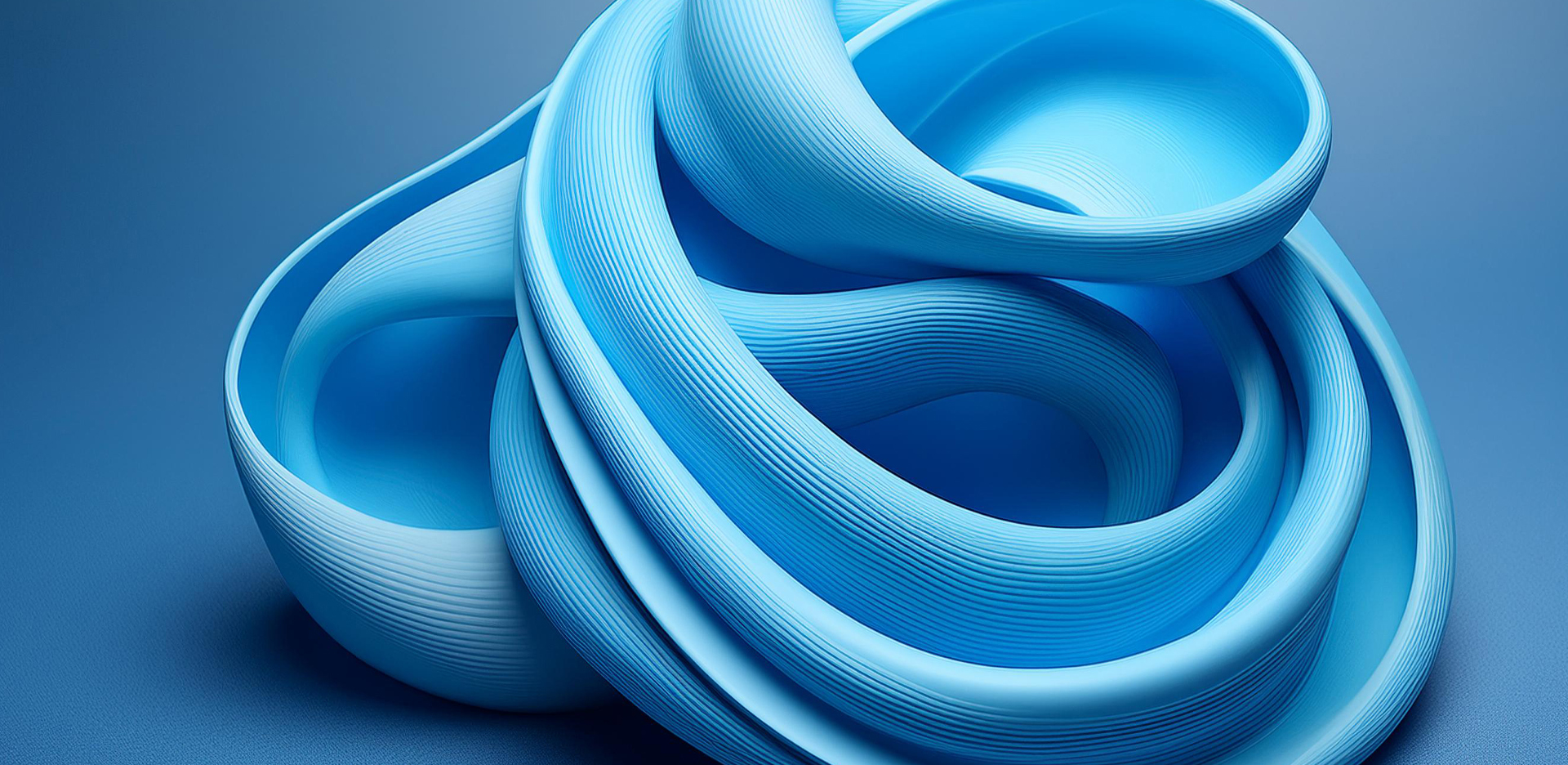 Abstract blue loops and ribbons forming a tangled sculpture on a blue gradient background.